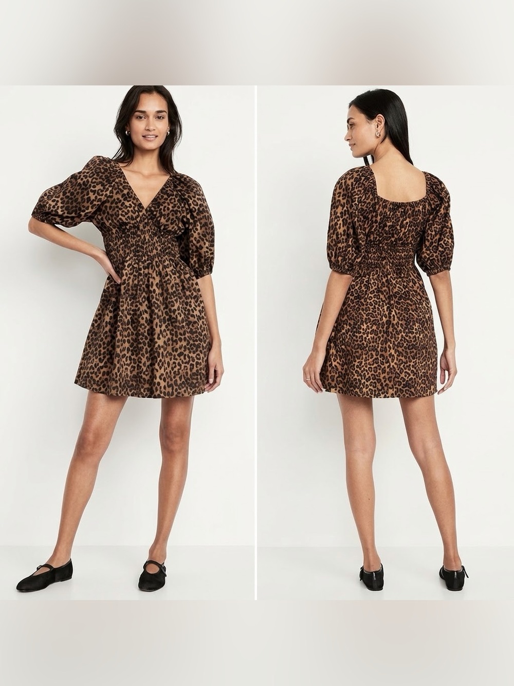 Old Navy Women’s V-Neck Leopard Smocked Puff Sleeve Mini Dress Size Large